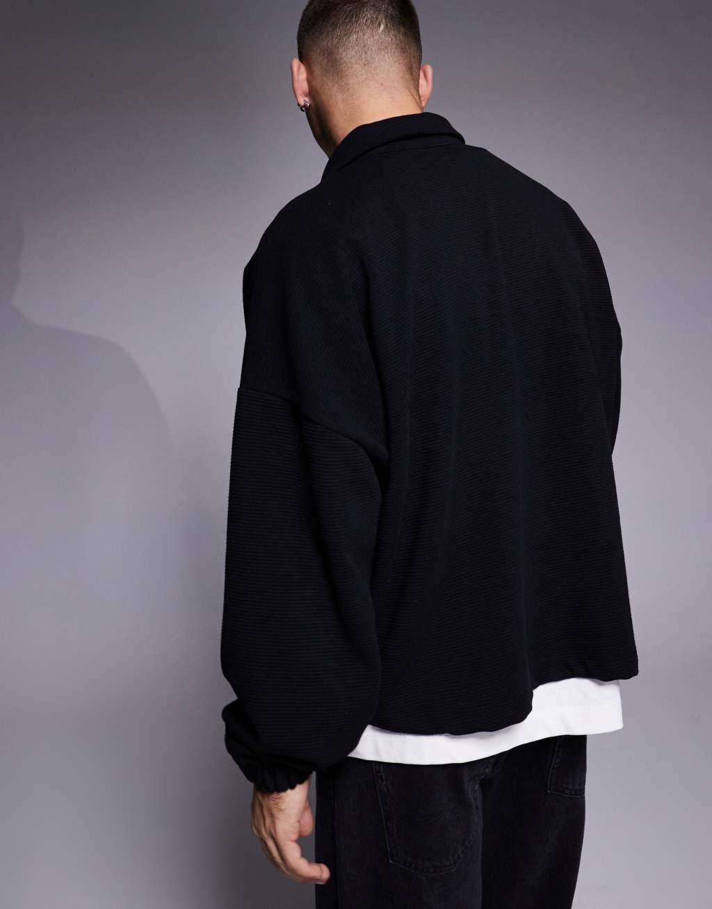 ASOS DESIGN heavyweight oversized dropped shoulder boxy sweatshirt with half zip in black rib Product Image