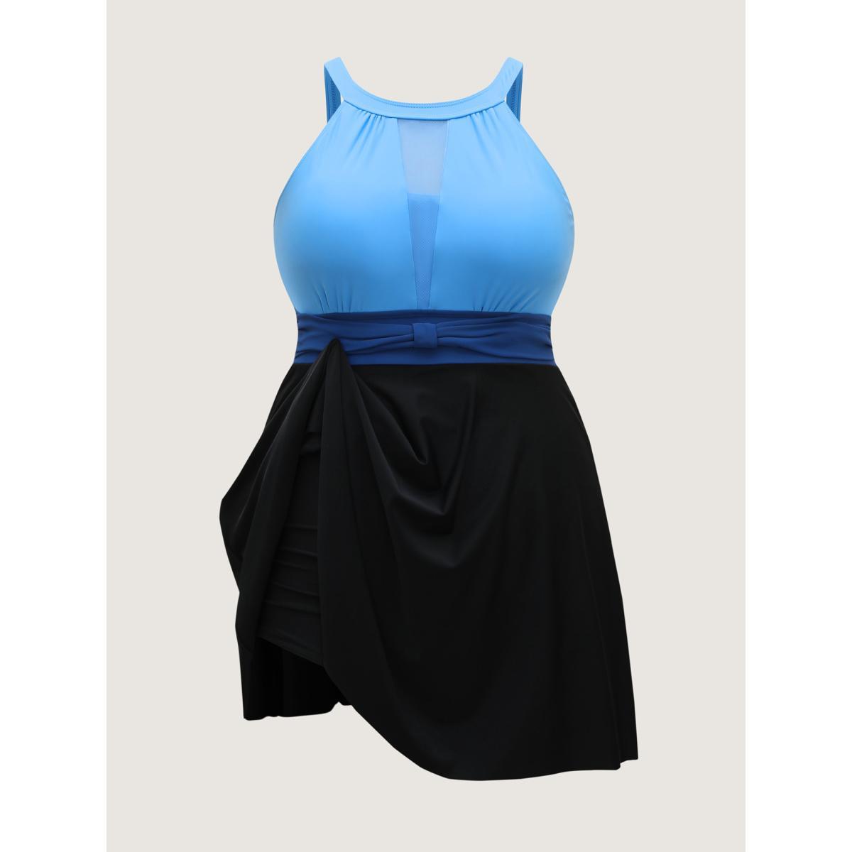 Plus Size Color Contrast Adjustable Swim Dress Women's Swimwear Mediumblue Beach Bodycon Round Neck High stretch Curve Swim Dresses BloomChic 28/5X Product Image