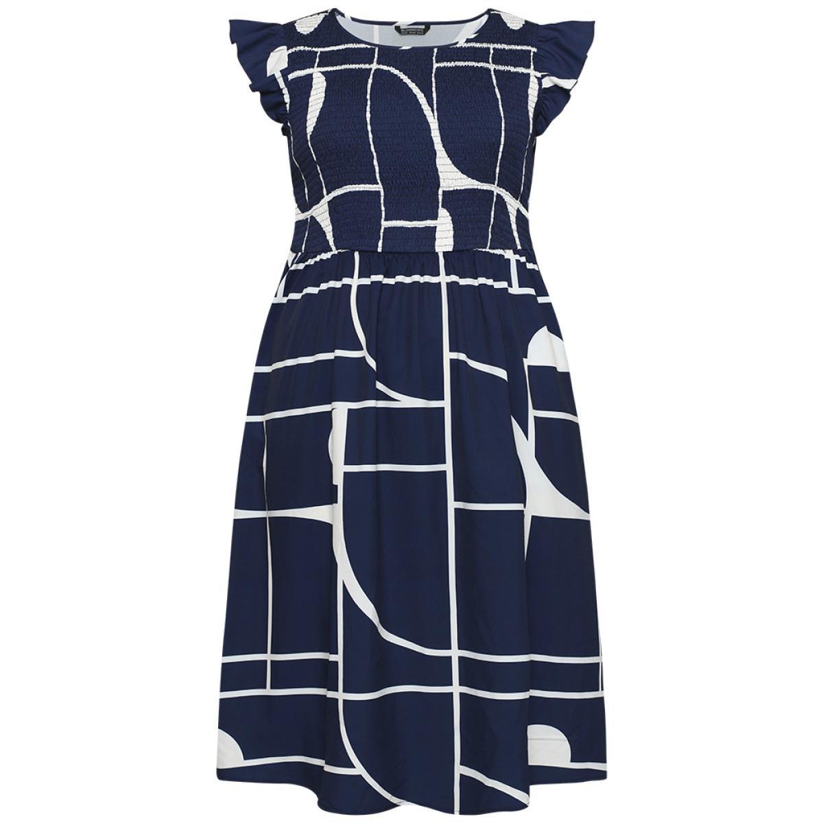 Plus Size Geometric Pocket Flutter Sleeve Shirred Dress Navy Women Office Pocket Round Neck Cap Sleeve Curvy Midi Dress BloomChic 26/4X Product Image