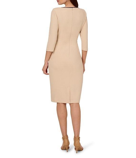 Adrianna Papell Contrasting Trim Boat Neck 3/4 Sleeve Tie Waist Crepe Sheath Dress Product Image