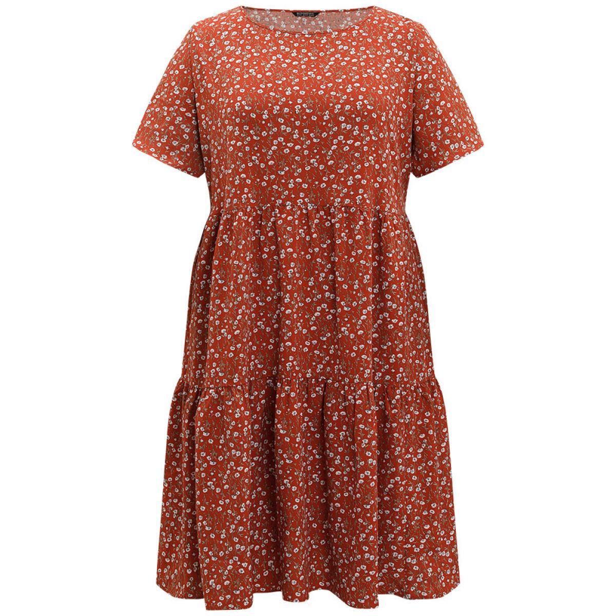 Plus Size Ditsy Floral Pocket Layered Patchwork Crew Neck Dress Russet Women Elegant Printed Round Neck Short sleeve Curvy Midi Dress BloomChic 18-20/2X Product Image