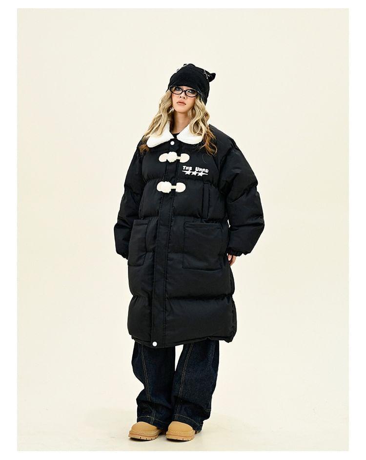 Collared Two Tone Lettering Long Puffer Coat Product Image