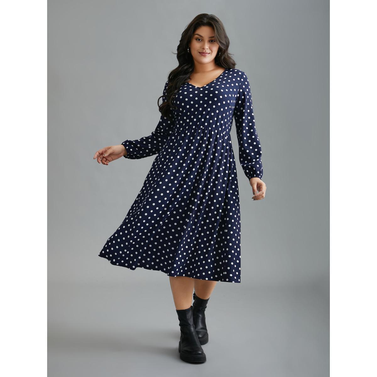 Plus Size V Neck Polka Dot Midi Dress DarkBlue Women Casual Non Knit Dresses Bloomchic 10/M Product Image