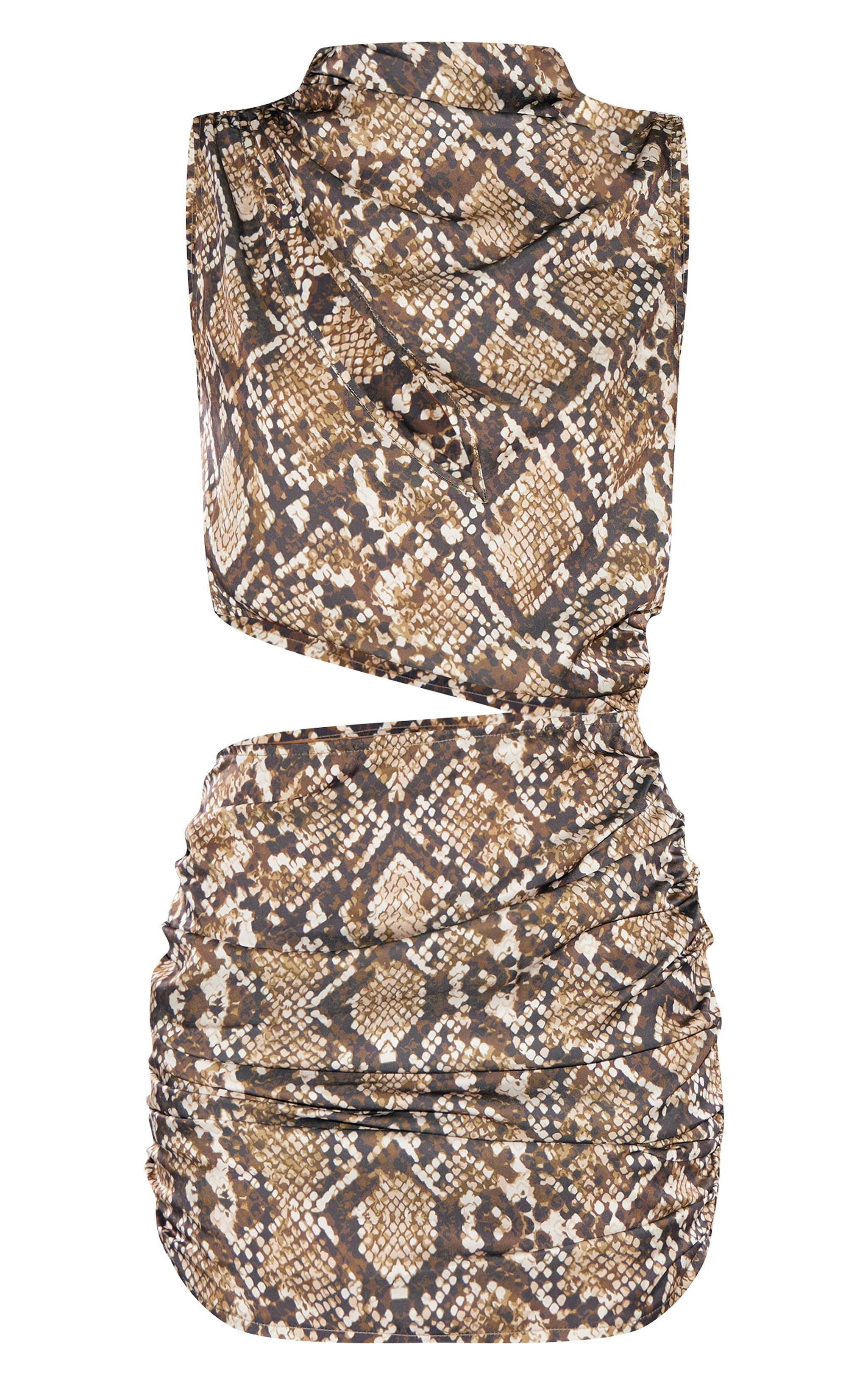 Brown Snake Satin High Neck Cut Out Mini Dress Product Image