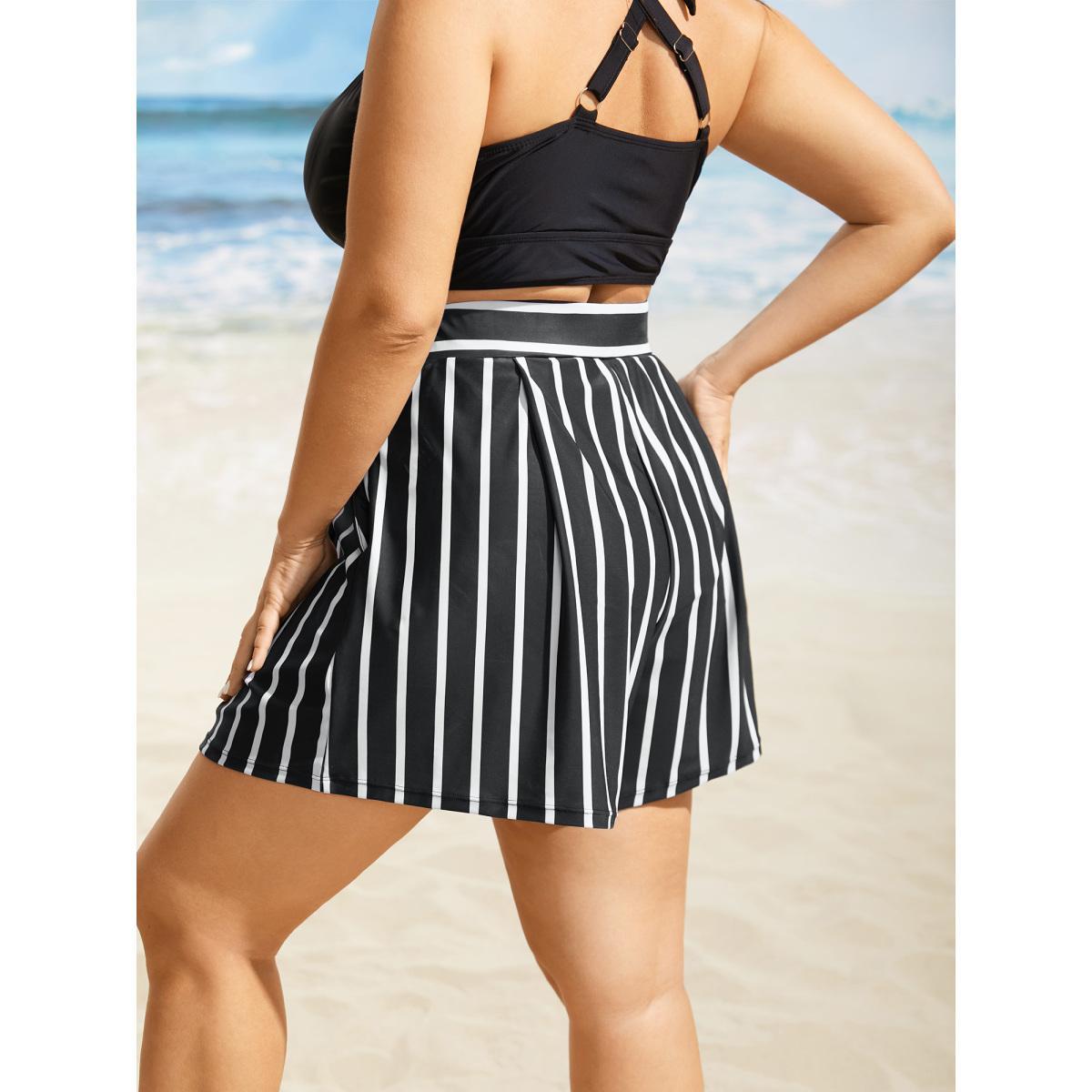 Plus Size Contrast Striped Elastic Waist Pocket Swim Bottom Women's Swimwear Black Beach Non High stretch Bodycon High Rise Side seam pocket Curve Swim Bottoms BloomChic 28/5X Product Image