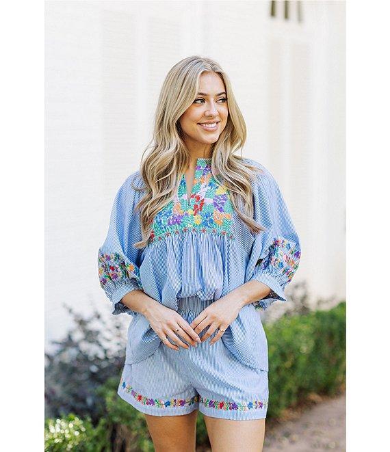 J.Marie Tristen Embroidered Striped Pull-On Coordinating Shorts Product Image