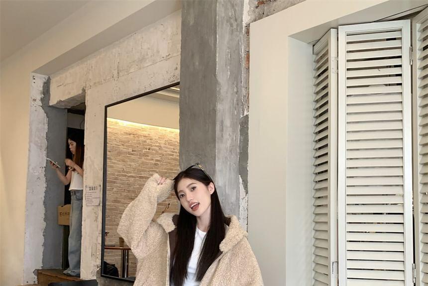 Hooded Plain Fleece Zip Up Jacket / Mid Waist Plaid Wide Leg Pants Product Image