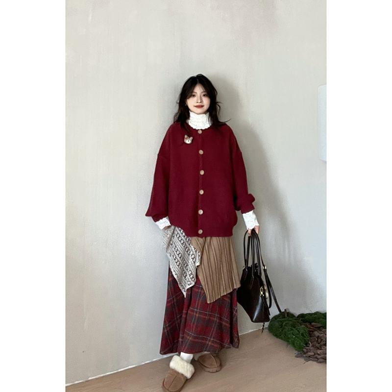 Crew Neck Cartoon Accent Button-Up Cardigan / Plaid Asymmetrical Lace Panel Layered Maxi A-Line Skirt Product Image