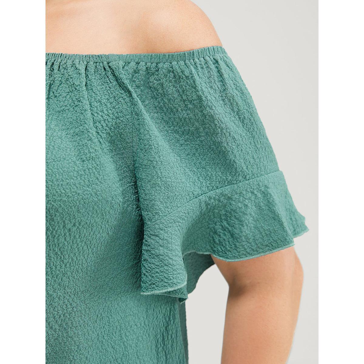 Plus Size Teal Solid Cut Out Knotted Hem Ruffle Sleeve One Shoulder Blouse Women Elegant Short sleeve One Shoulder Dailywear Blouses BloomChic 28/5X Product Image