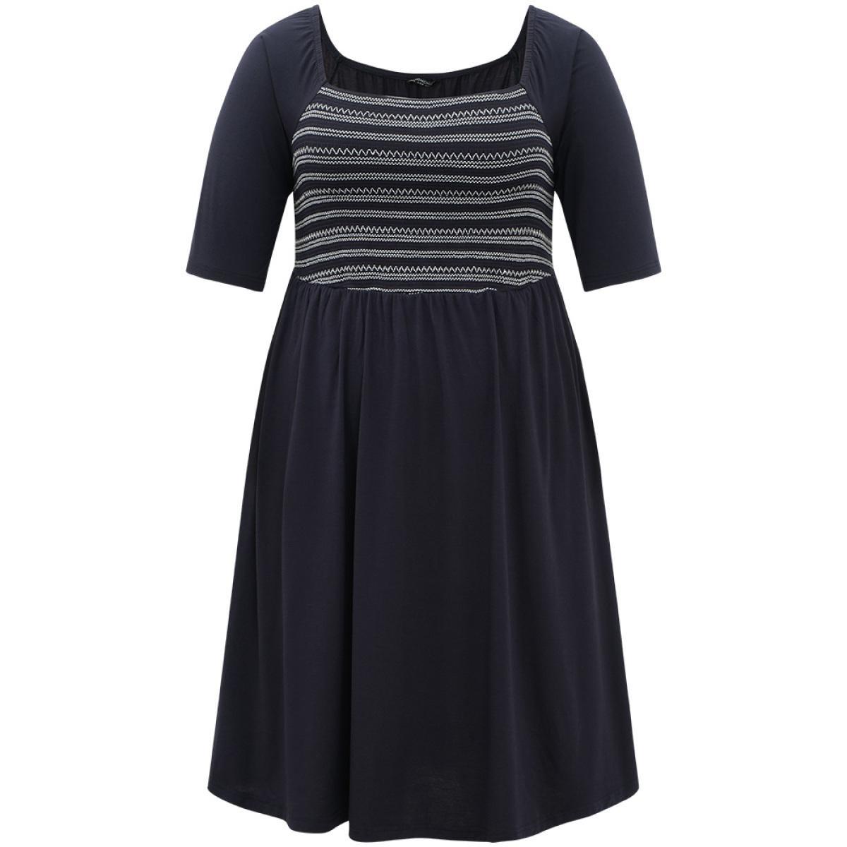 Plus Size Supersoft Essentials Striped Patchwork Pocket Gathered Square Neck Dress Indigo Women Casual Gathered Square Neck Short sleeve Curvy Midi Dress BloomChic 18-20/2X Product Image