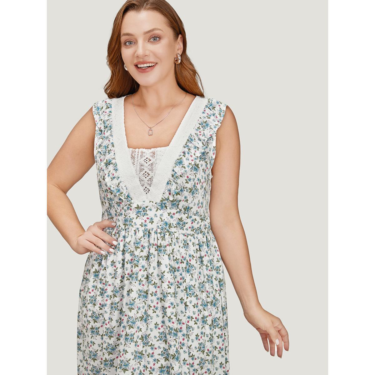 Plus Size Ditsy Floral Ruffles Pocket Empire Waist Crochet Lace Tank Dress WhiteSmoke Women Elegant Gathered V-neck Sleeveless Curvy Midi Dress BloomChic 26/4X Product Image