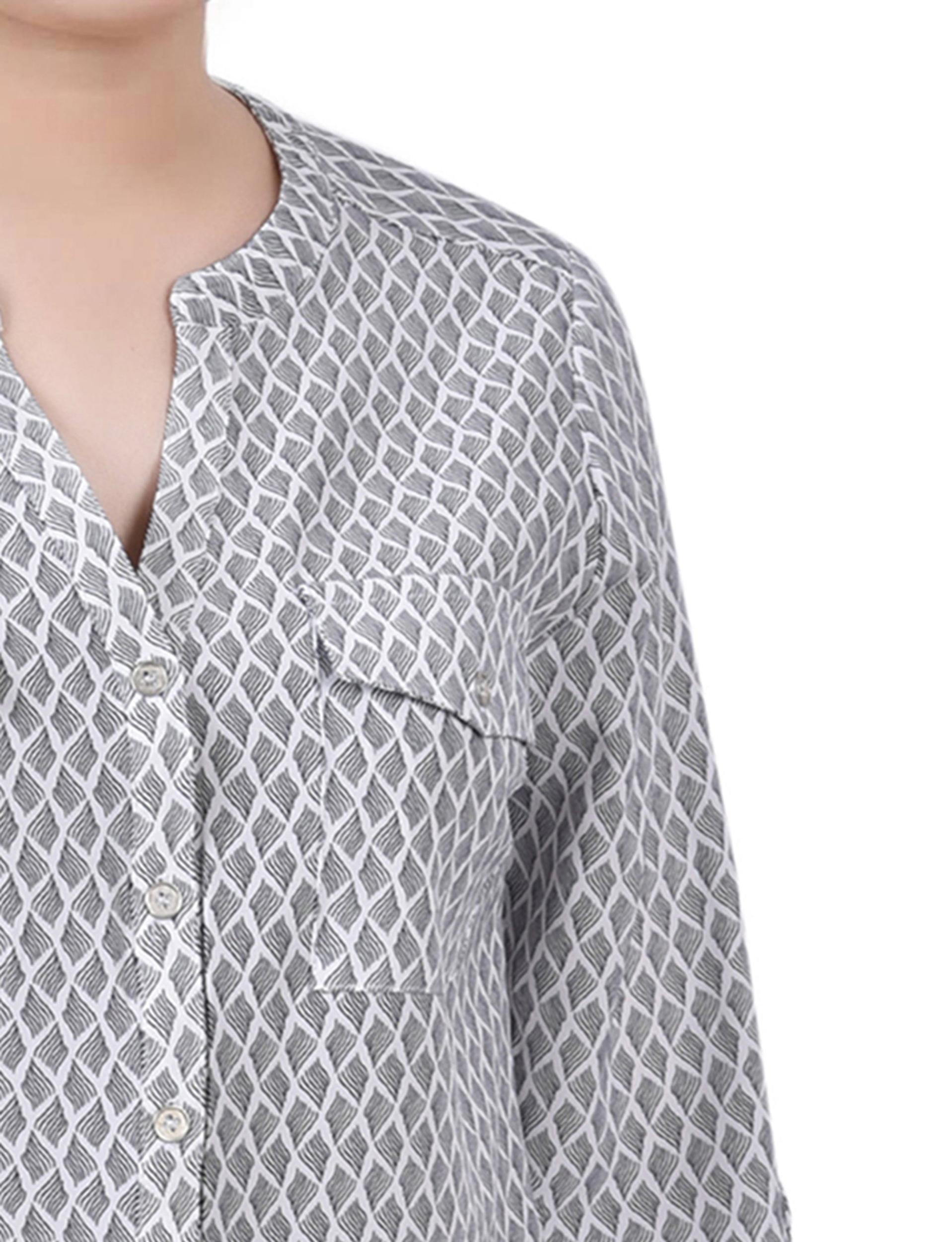 Black White Abstract 3/4 Roll Tab Sleeve Mandarin Collar Blouse - Petite Product Image