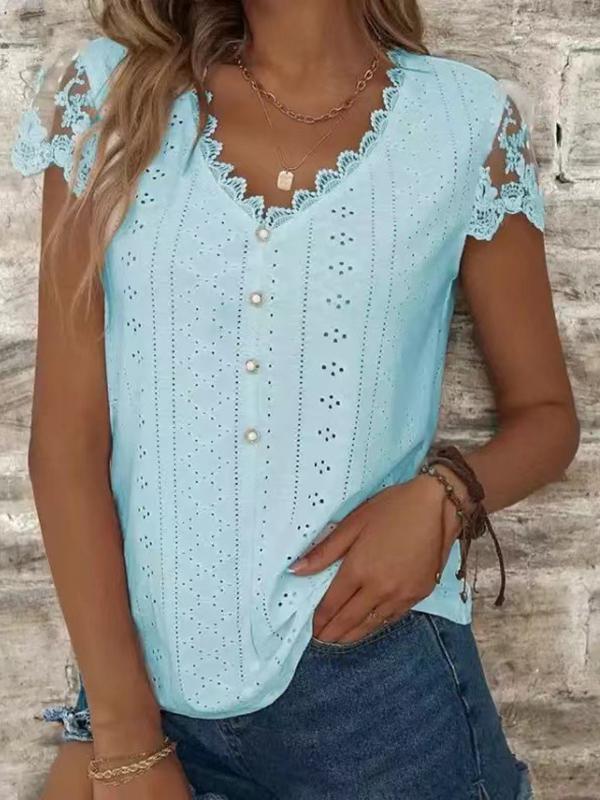 Loose Short Sleeves Buttoned Hollow Mesh Split-Joint V-Neck T-Shirts Tops Product Image