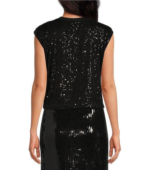 Skies Are Blue Sequin Crew Neck Sleeveless Tank Top Product Image