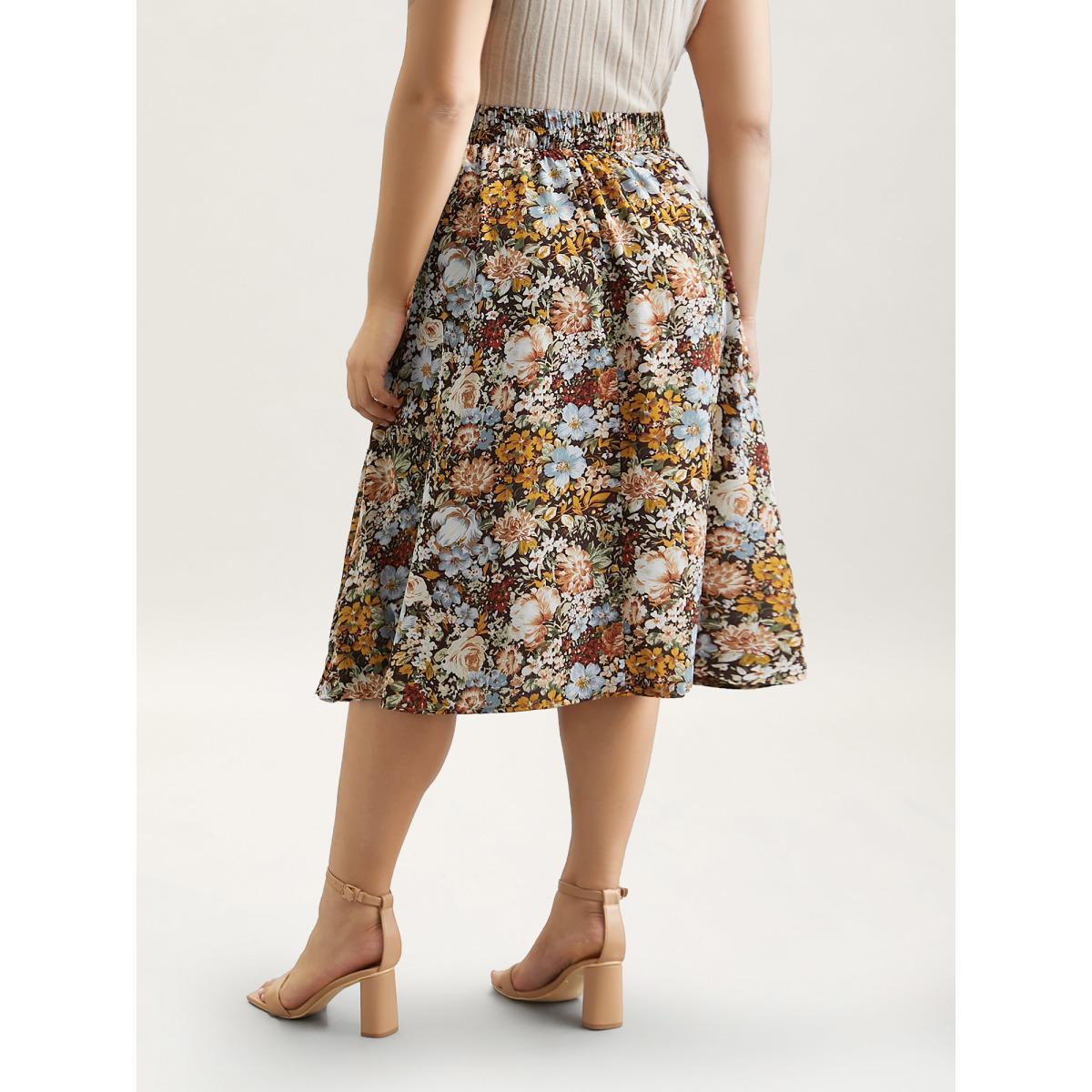 Plus Size Floral Print Stretchy-Waist Midi Skirt Women Multicolor Elegant Contrast No stretch Side seam pocket Everyday Skirts BloomChic 12/L Product Image