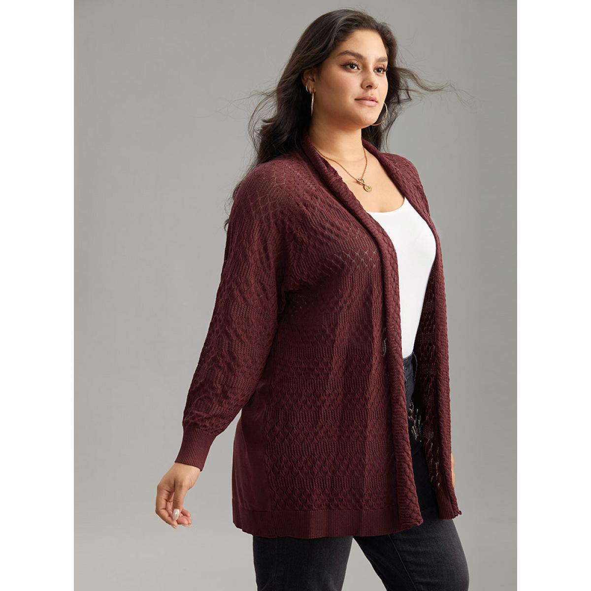 Plus Size Solid Geometric Hollow Out Cardigan Russet Women Casual Loose Long Sleeve Dailywear Cardigans BloomChic 26/4X Product Image