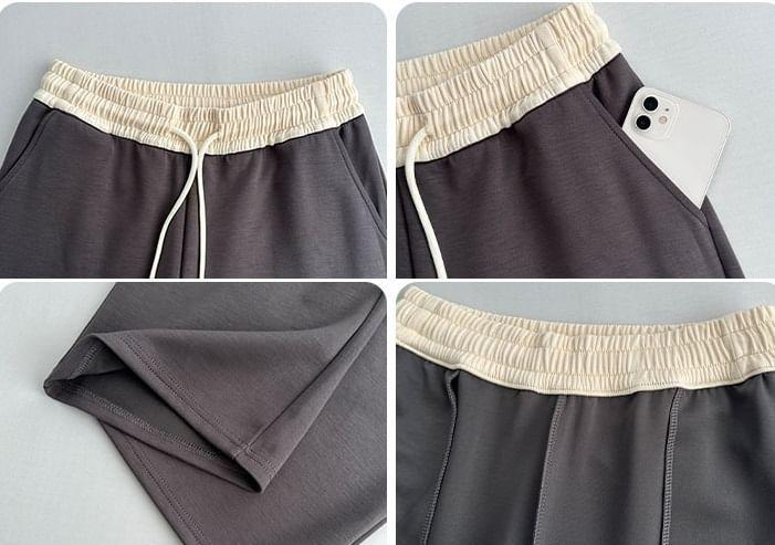 Paneled High Waist Drawstring Pocket Wide Leg Sweatpants Product Image