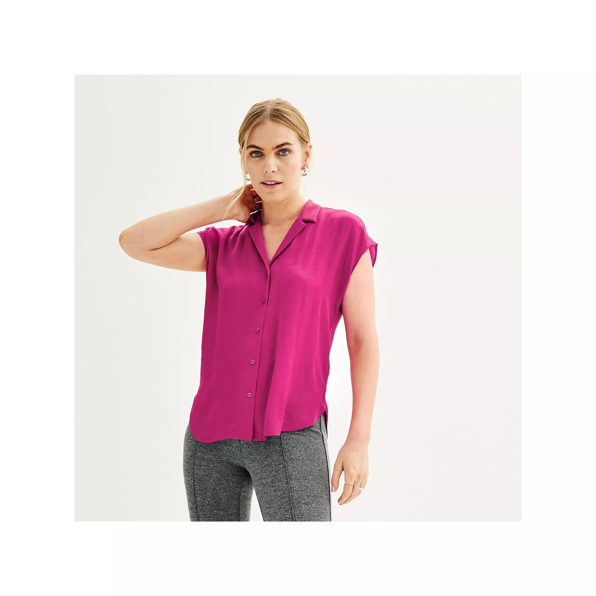 Women's Petite Nine West Short Sleeve Easy Lapel Shirt, Size: XXL Petite, Black Product Image