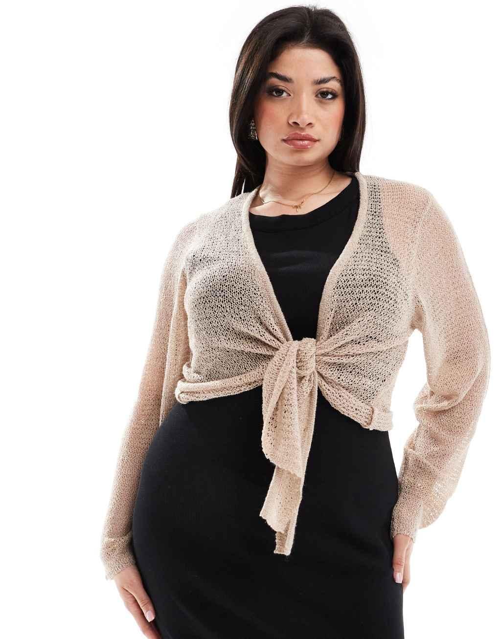 Yours lightweight tie front knit cardigan in beige Product Image