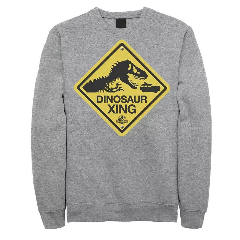 Mens Jurassic Park Dinosaur Crossing Yellow Sign Sweatshirt Grey Heather Product Image