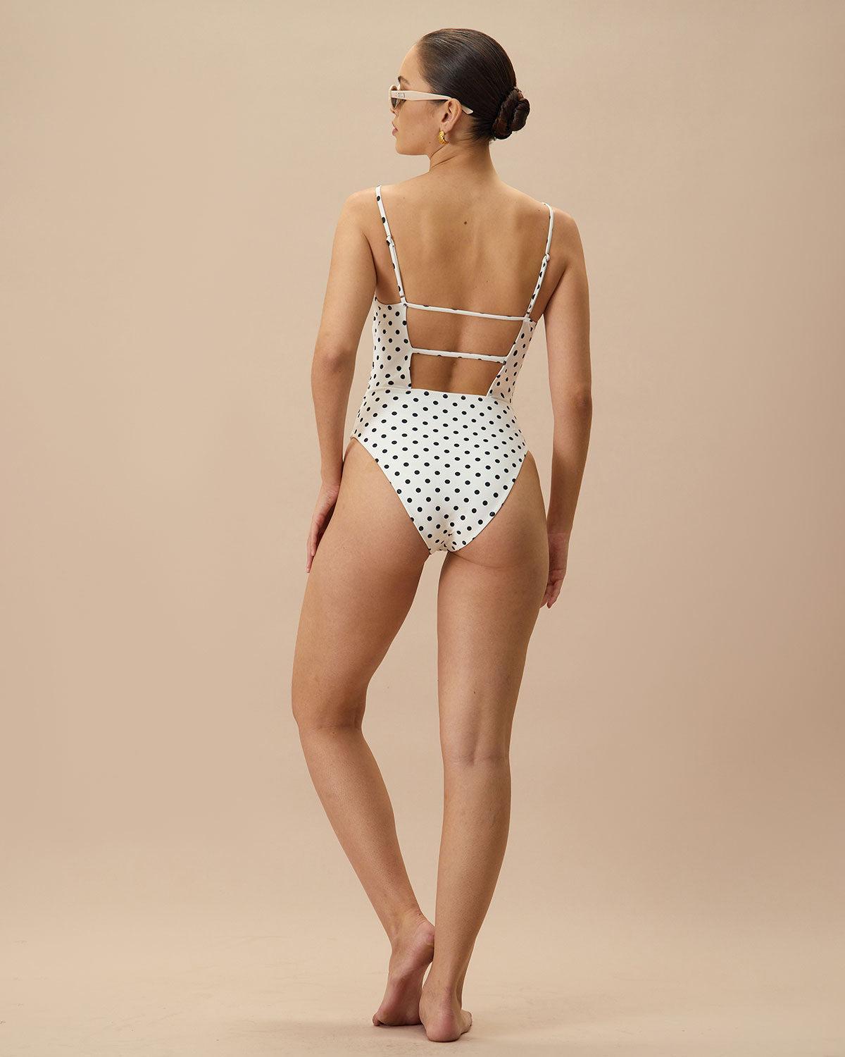 The White Polka Dot Backless One-Piece Swimsuit Product Image
