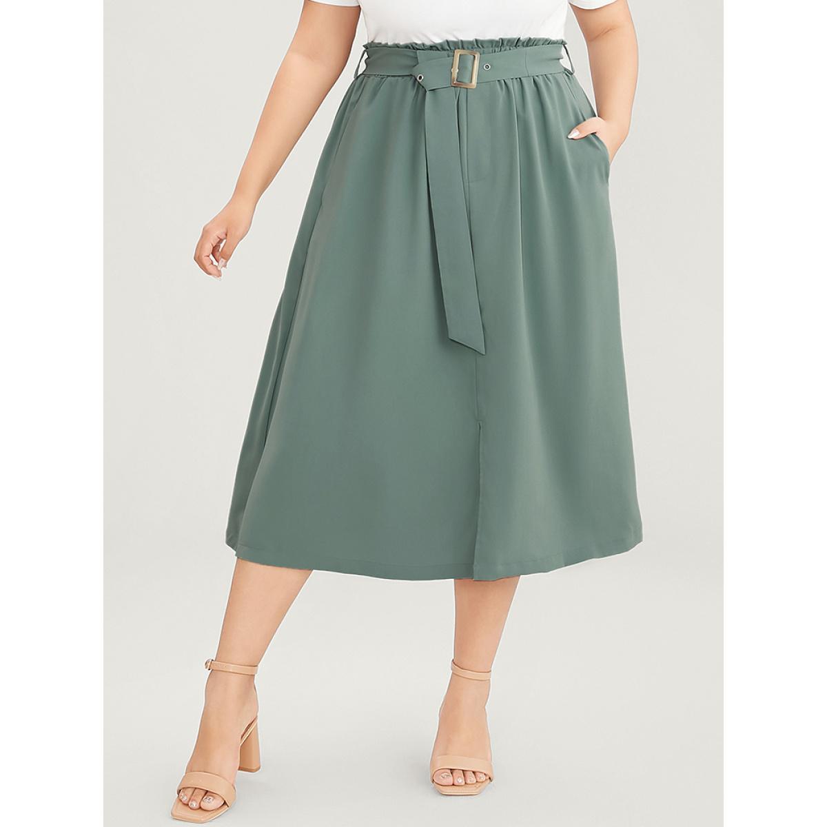 Plus Size Solid Paperbag Waist Pocket Belted Split Hem Skirt Women Emerald Office No stretch Pocket Belt Dailywear Skirts BloomChic 14-16/1X Product Image