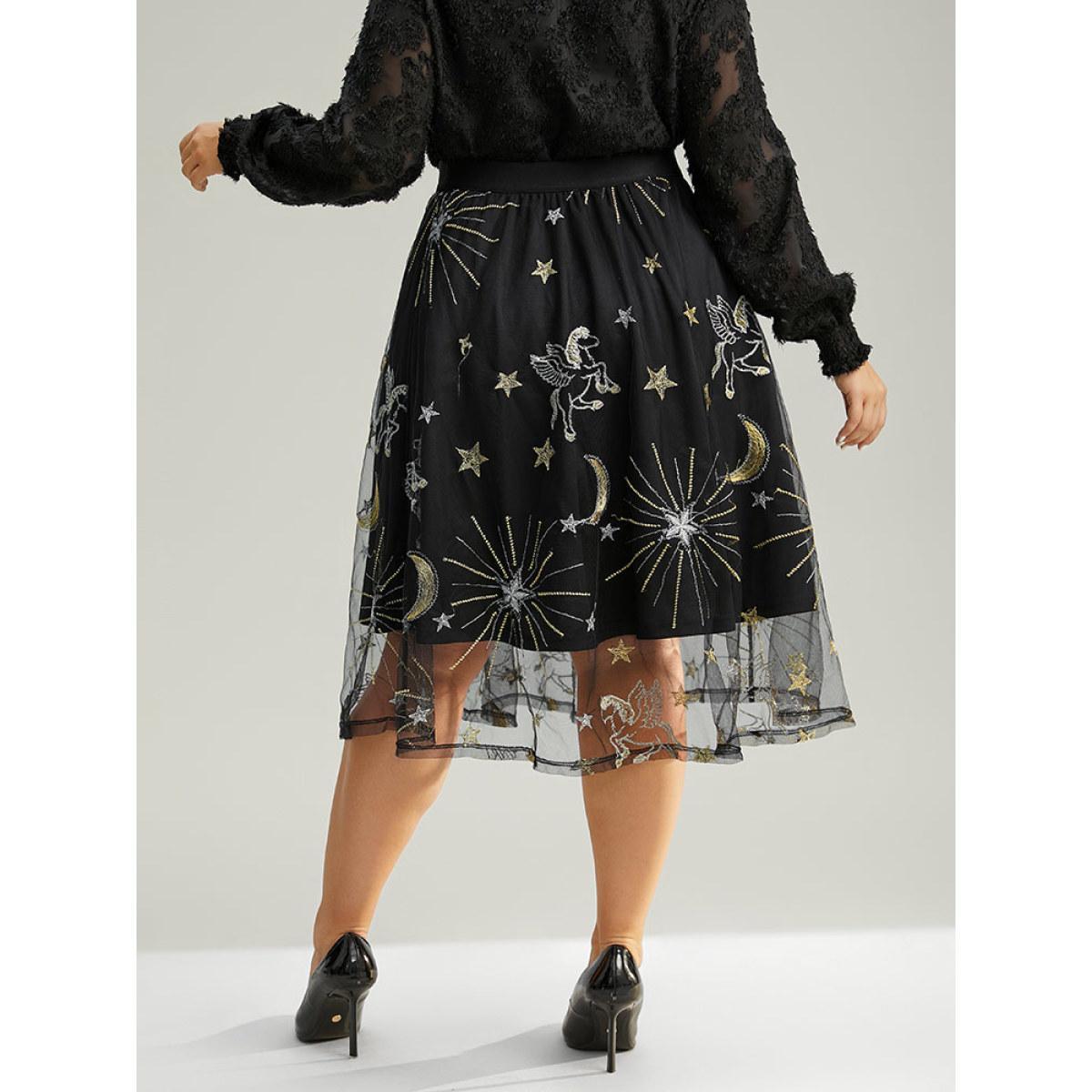 Plus Size Moon & Star Mesh Embroidered Pocket Skirt Women Black Party Lined No stretch Pocket Going out Skirts BloomChic 22-24/3X Product Image