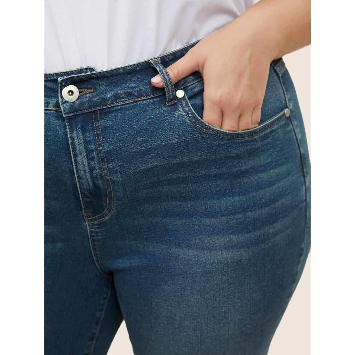 Plus Size Dark Wash Slit Hem Pull On Jegging Jeans Women Indigo Elegant Plain Non High stretch Slanted pocket Jeans BloomChic 20/2X Product Image