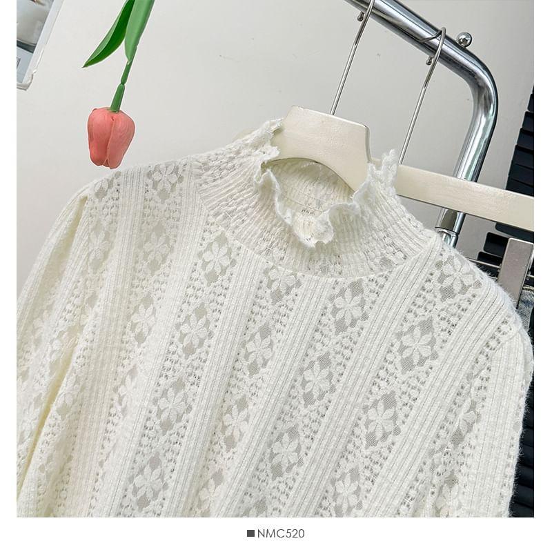 Bell-Sleeve High-Neck Lace Top Product Image