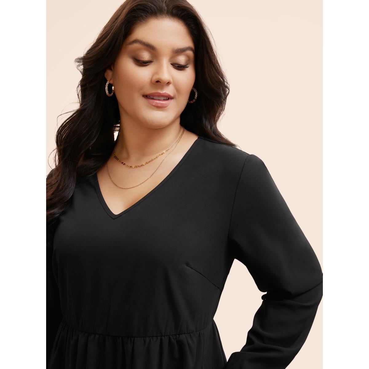 Plus Size Mesh Patchwork Lantern Sleeve Pleated Dress Black Women Elegant See through V-neck Long Sleeve Curvy BloomChic 18-20/2X Product Image