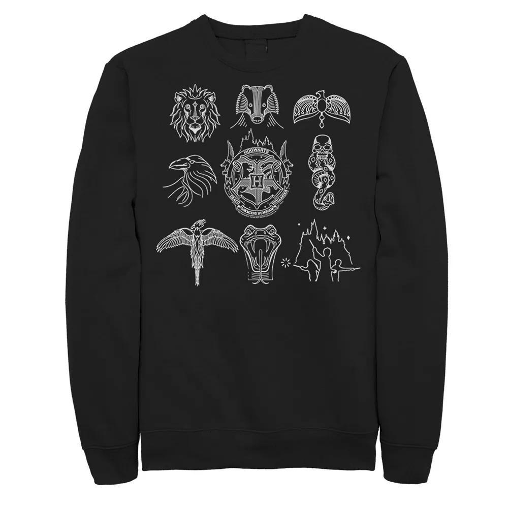 Men's Harry Potter Deadly Hallows Griffindor Slytherin Ravenclaw Hogwarts Hufflepuff Dark Mark Icons Sweatshirt, Size: Large, Black Product Image