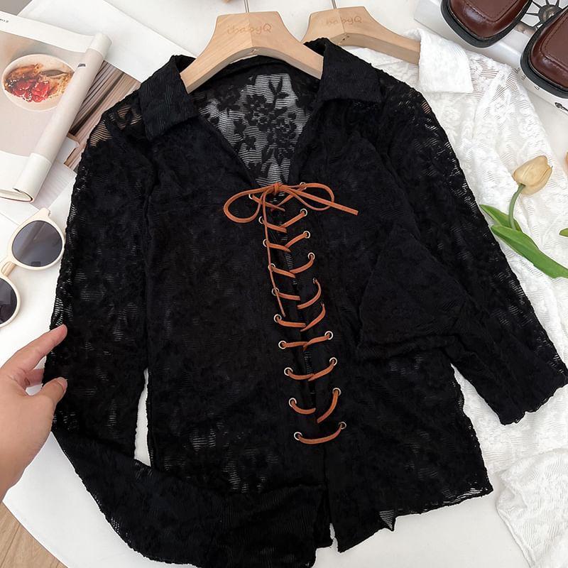 Flower Embroidered Lace-Up Lace Shirt Product Image