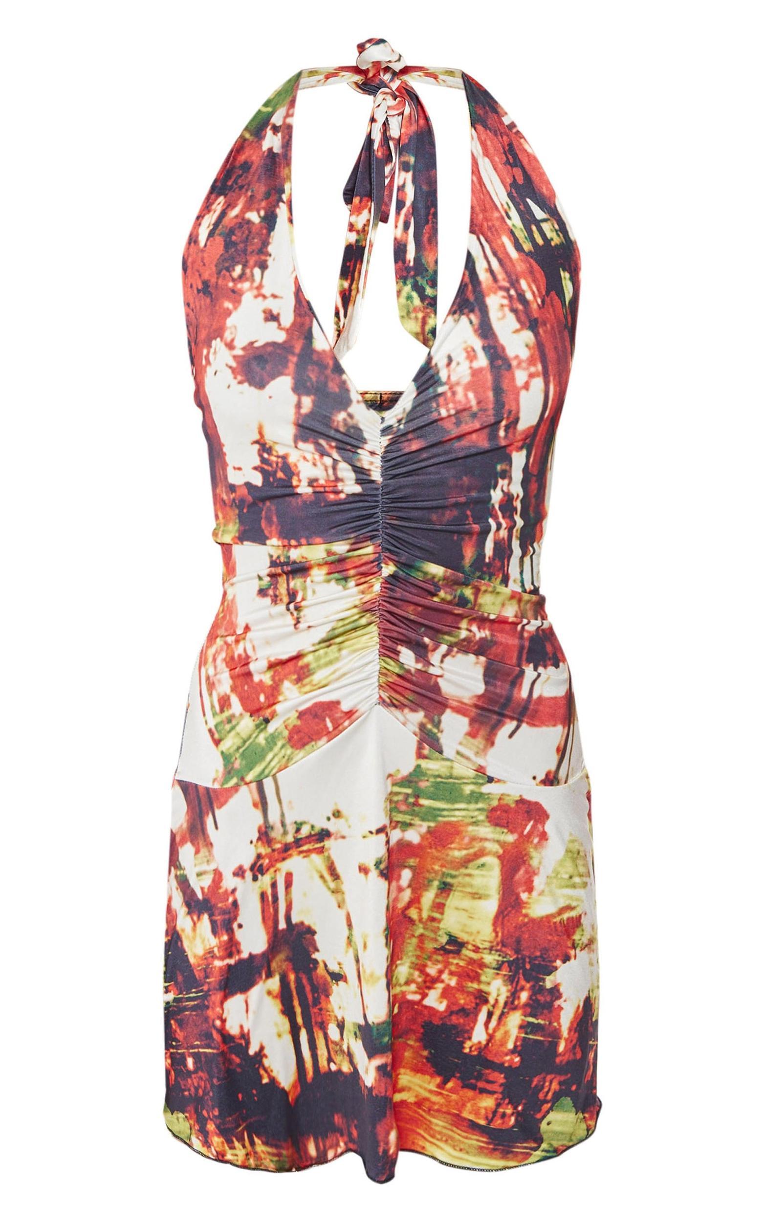 Multi Abstract Print Slinky Halter Neck Mini Dress Product Image