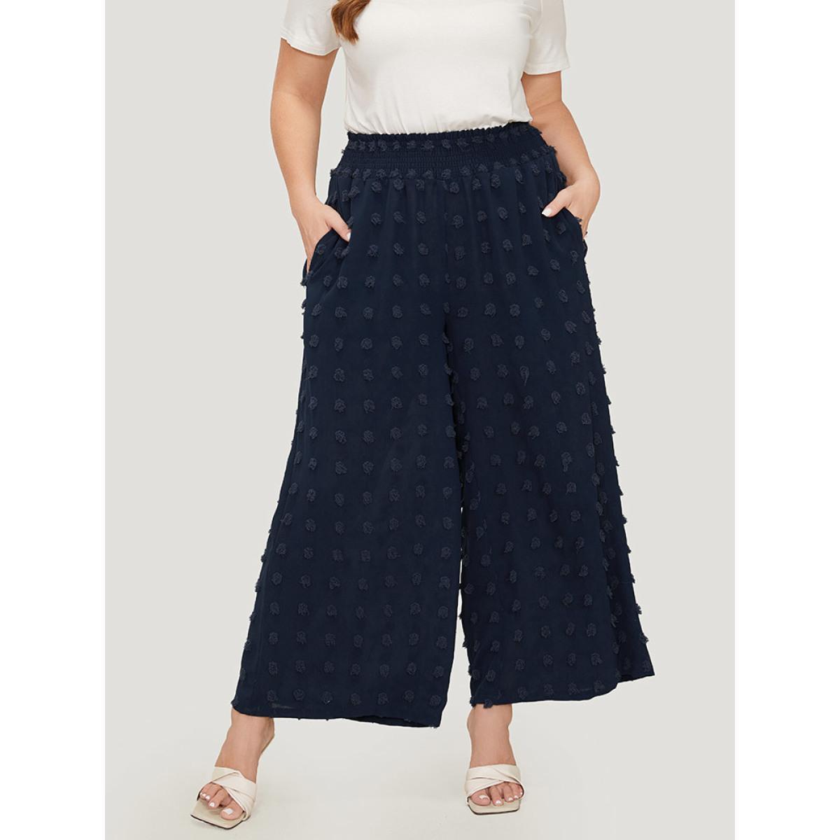 Plus Size Polka Dot Shirred Waist Pocket Wide Leg Pants Women Indigo Elegant Straight Leg High Rise Dailywear Pants BloomChic 12/L Product Image