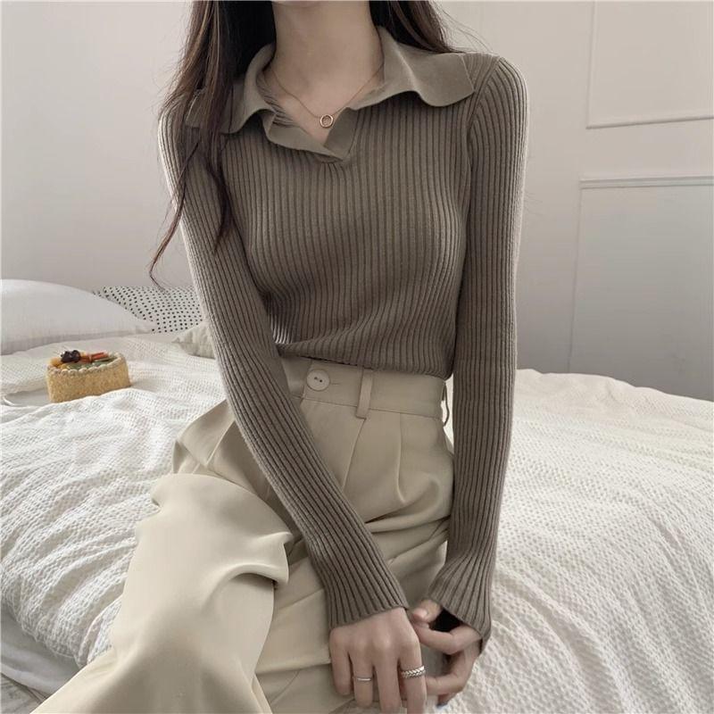 Long Sleeve Collared Plain Ribbed Knit Top Product Image