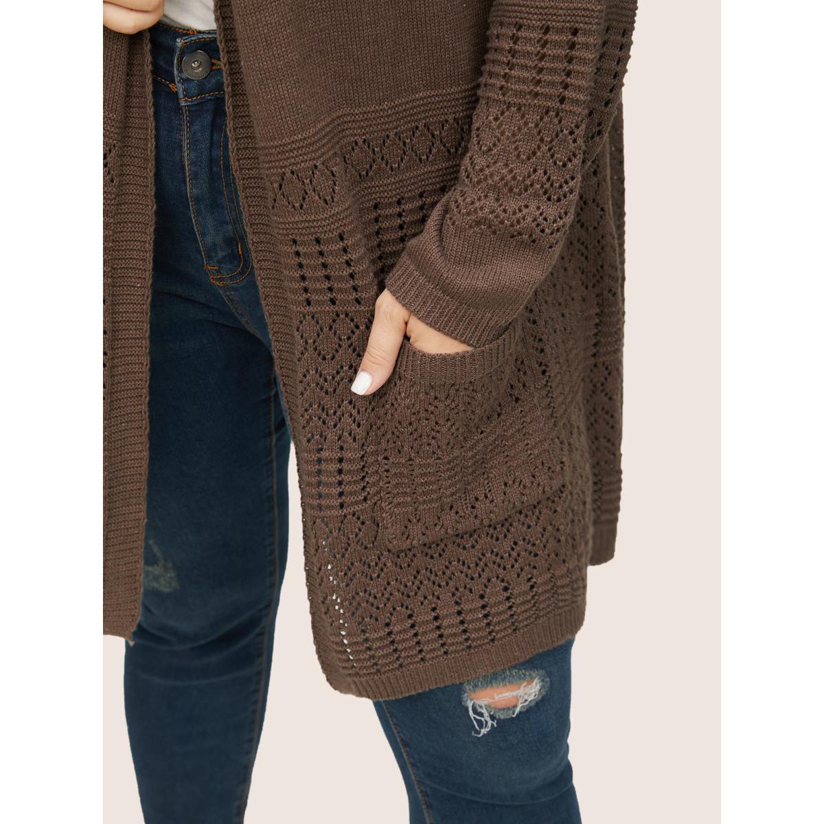 Plus Size Solid Geometric Hollow Out Pocket Cardigan DarkBrown Women Casual Long Sleeve Everyday Cardigans BloomChic 14-16/1X Product Image