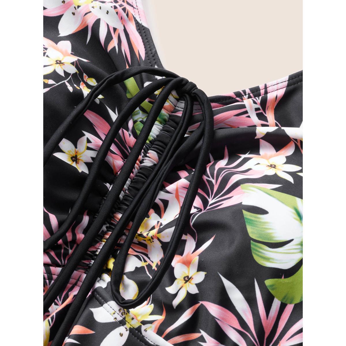 Plus Size Tropical Print Patchwork Drawstring Swim Dress Women's Swimwear Black Beach Bodycon U-neck High stretch Curve Swim Dresses BloomChic 18-20/2X Product Image