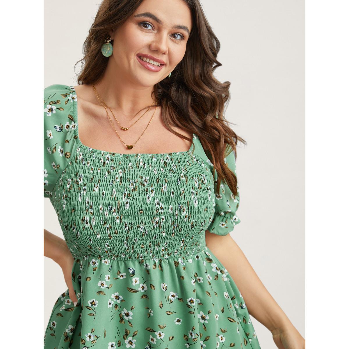 Plus Size Greenbean Floral Print Smocked Stretchy Waist Shirt Women Elegant Short sleeve Square Neck Everyday Blouses BloomChic 30/6X Product Image