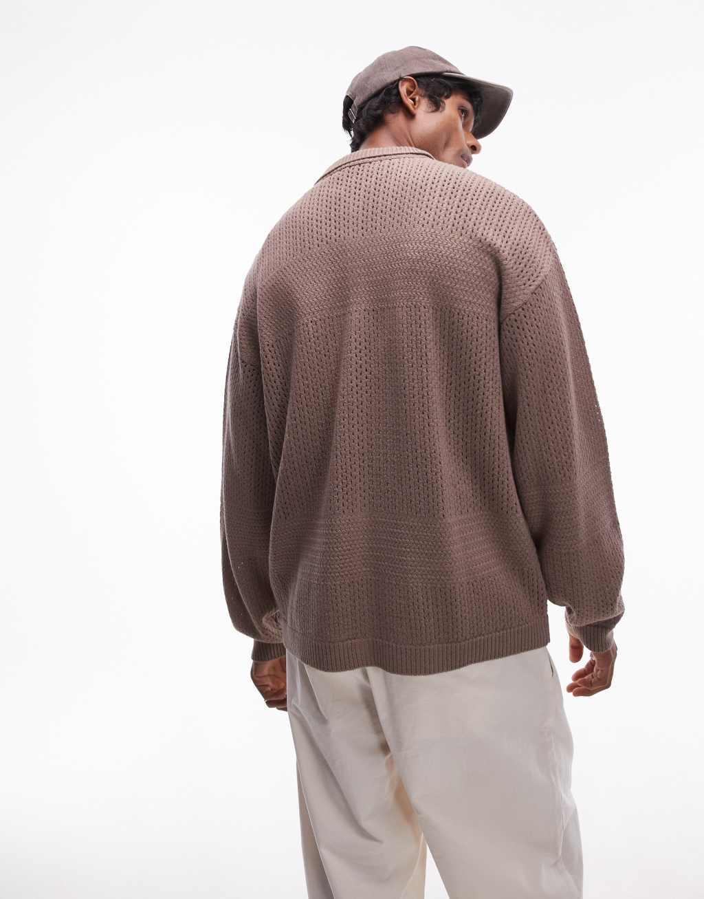 Topman revere collar long sleeve polo in brown Product Image