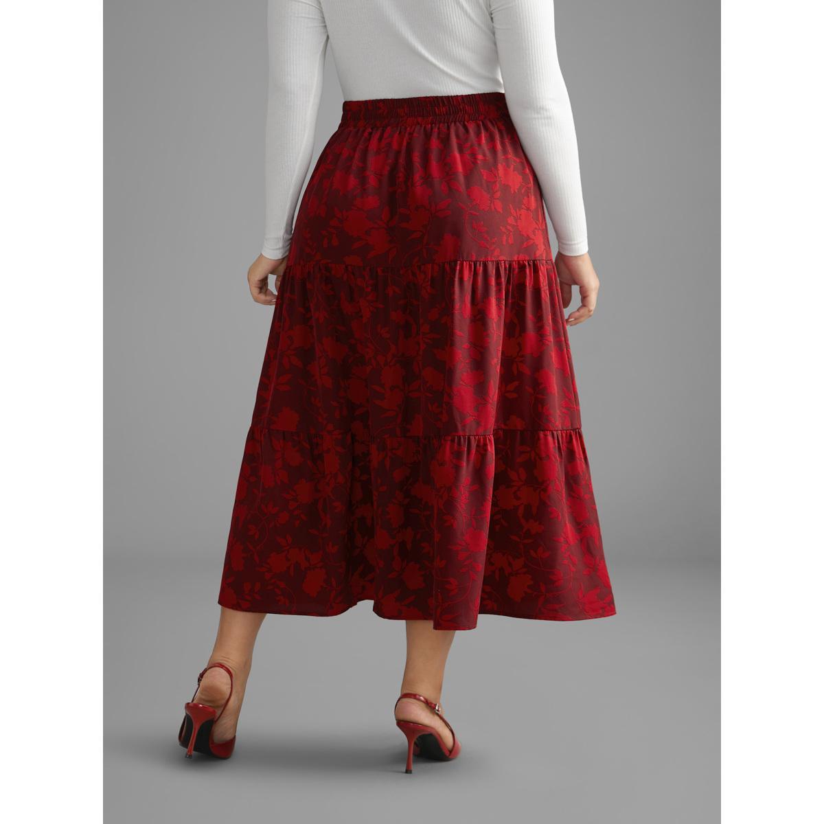 Plus Size Silhouette Floral Print Ruffle Layered Hem Skirt Women Deepred Elegant Loose Low stretch Side seam pocket Everyday Skirts BloomChic 10/M Product Image