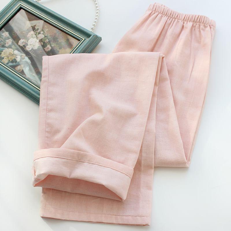 Couple Matching Pajama Set: Long-Sleeve Plain Top + Pants Product Image