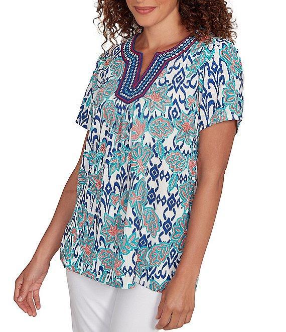 Ruby Rd. Petite Size Embroidered Knit Printed Split V-Neck Short Sleeve Top Product Image