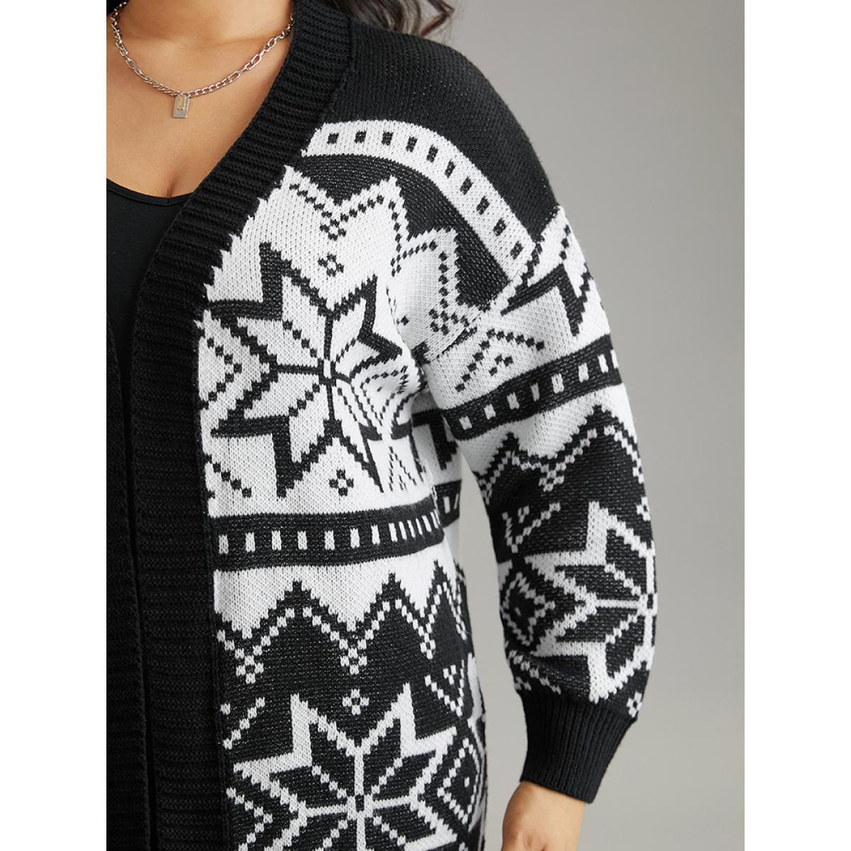 Plus Size Boho Print Open Front Jacquard Cardigan Black Women Casual Loose Long Sleeve Everyday Cardigans BloomChic 18-20/2X Product Image
