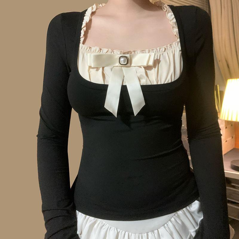 Long Sleeve Mock Two Piece Ruffled-Trim Bow Accent Slim-Fit Crop Top Product Image