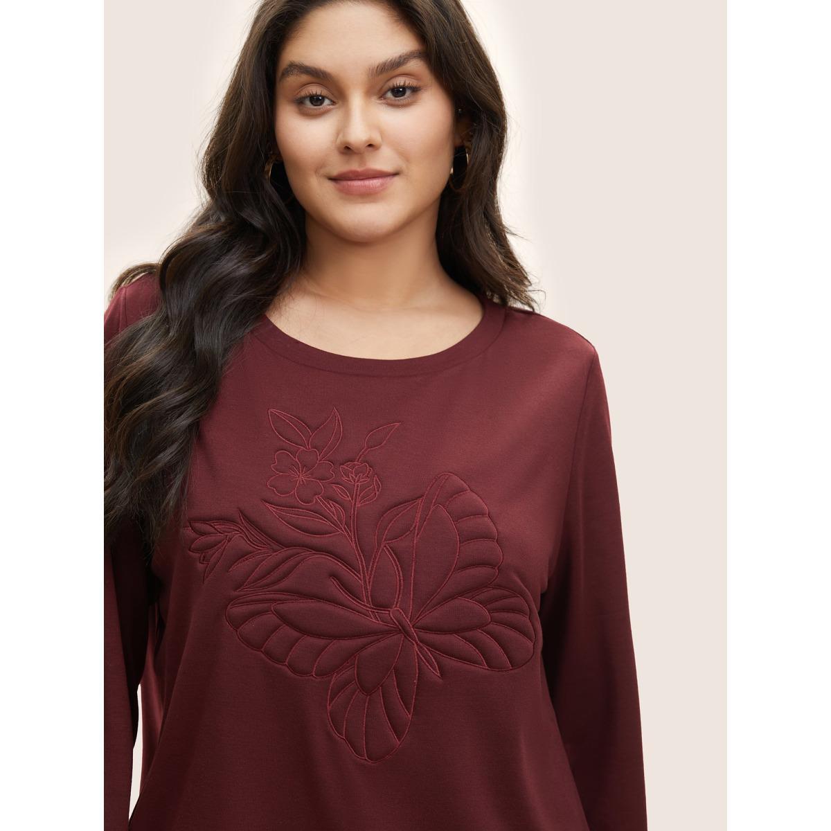 Plus Size Butterfly & Floral Embroidered Crew Neck Sweatshirt Women Burgundy Casual Non Round Neck Everyday Sweatshirts BloomChic 14-16/1X Product Image