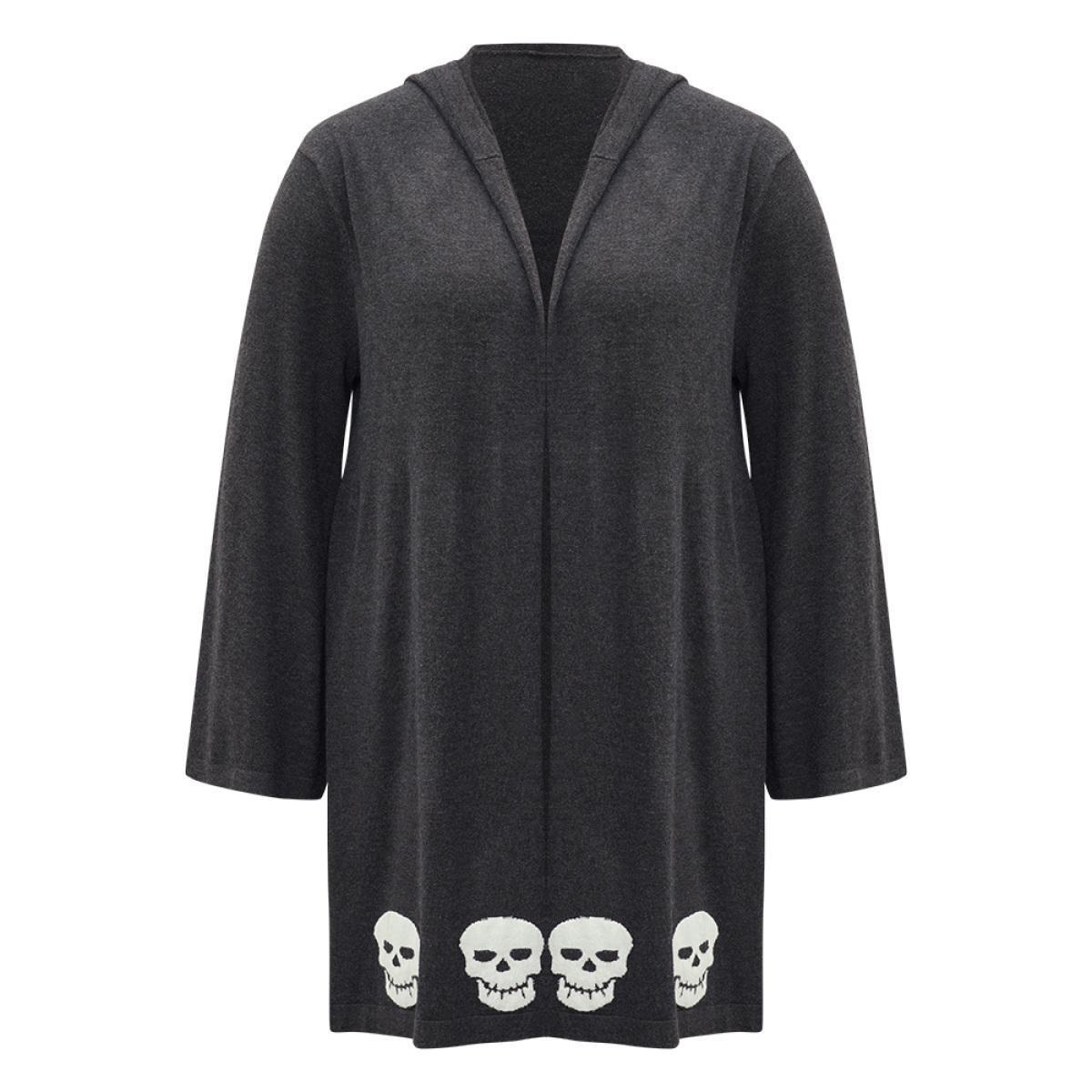 Plus Size Halloween Skull Print Hooded Split Open Front Cardigan Black Women Casual Loose Long Sleeve Festival-Halloween Cardigans BloomChic 22-24/3X Product Image