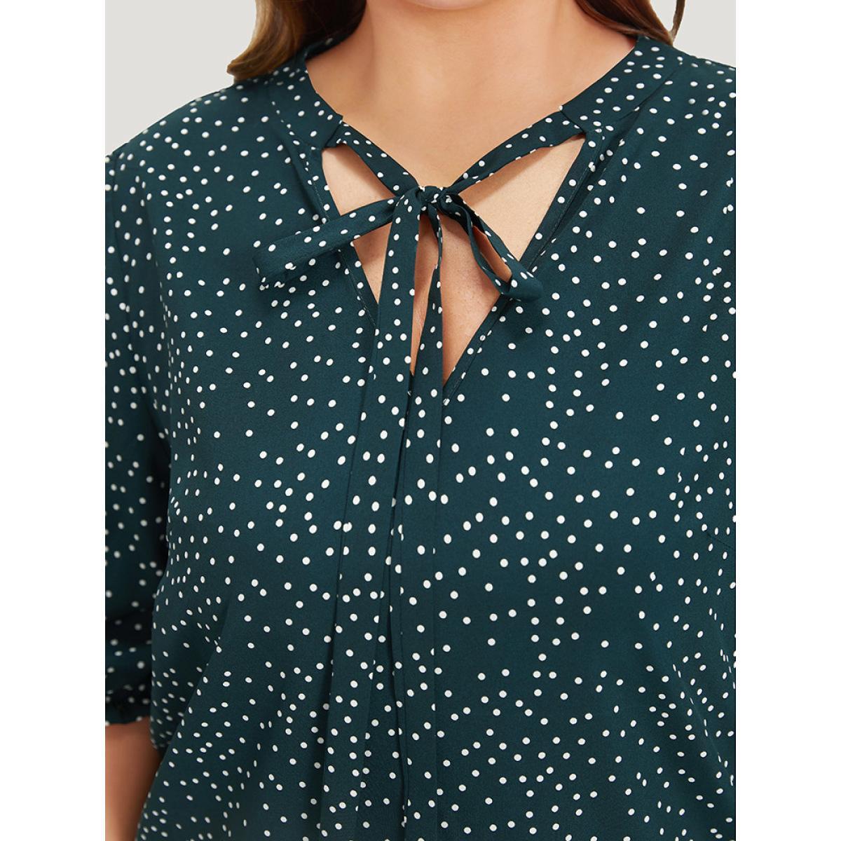 Plus Size DarkGreen Polka Dot Knot Neck Lantern Sleeve Blouse Women Office Half Sleeve Tie Neck Work Blouses BloomChic 26/4X Product Image