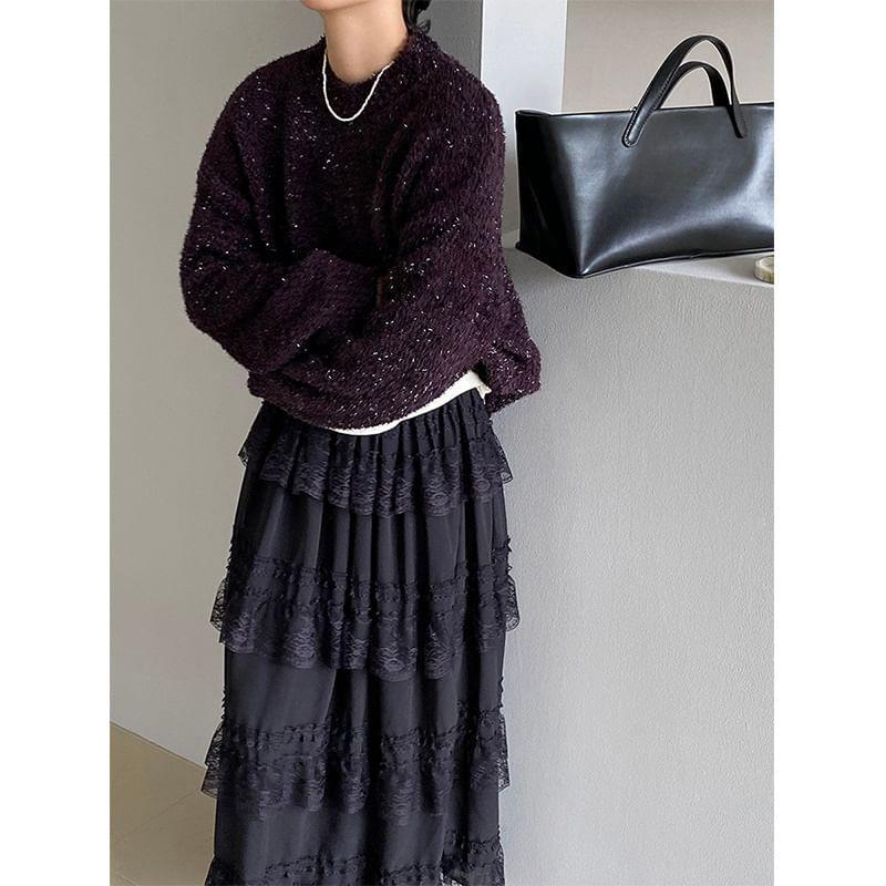 Mock Neck Plain Glitter Sweater Product Image