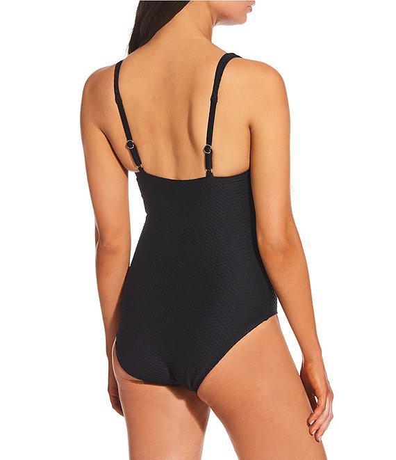 Alex Marie Diamond Textured Solid V-Neck Belted Tortoise Ring One Piece Swimsuit Product Image