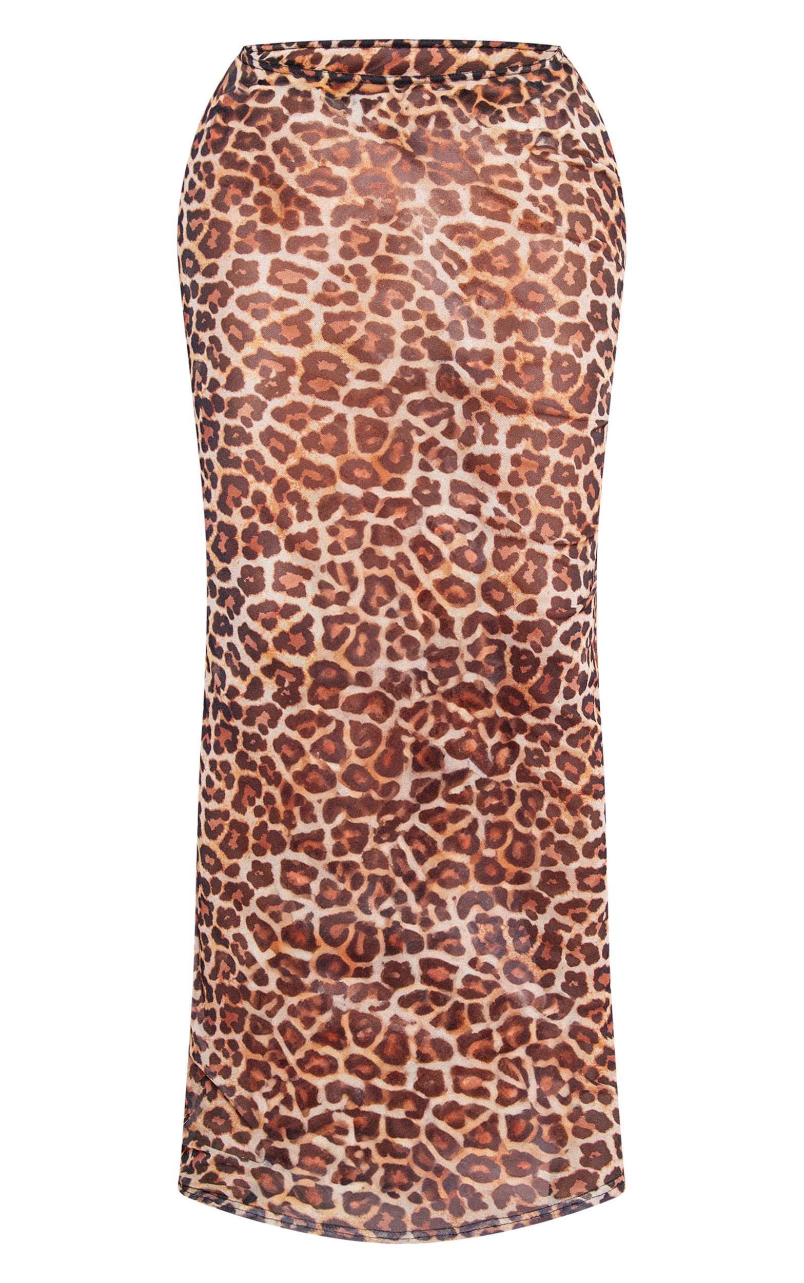 Shape Brown Leopard Printed Mesh Maxi Skirt Product Image